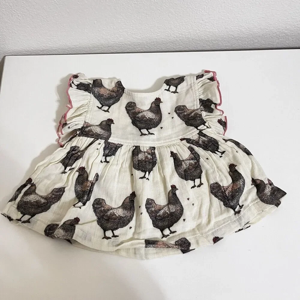 Pink Chicken Dress and Bloomers Set Chickens Print Gauze Girls Size 12-18 Months